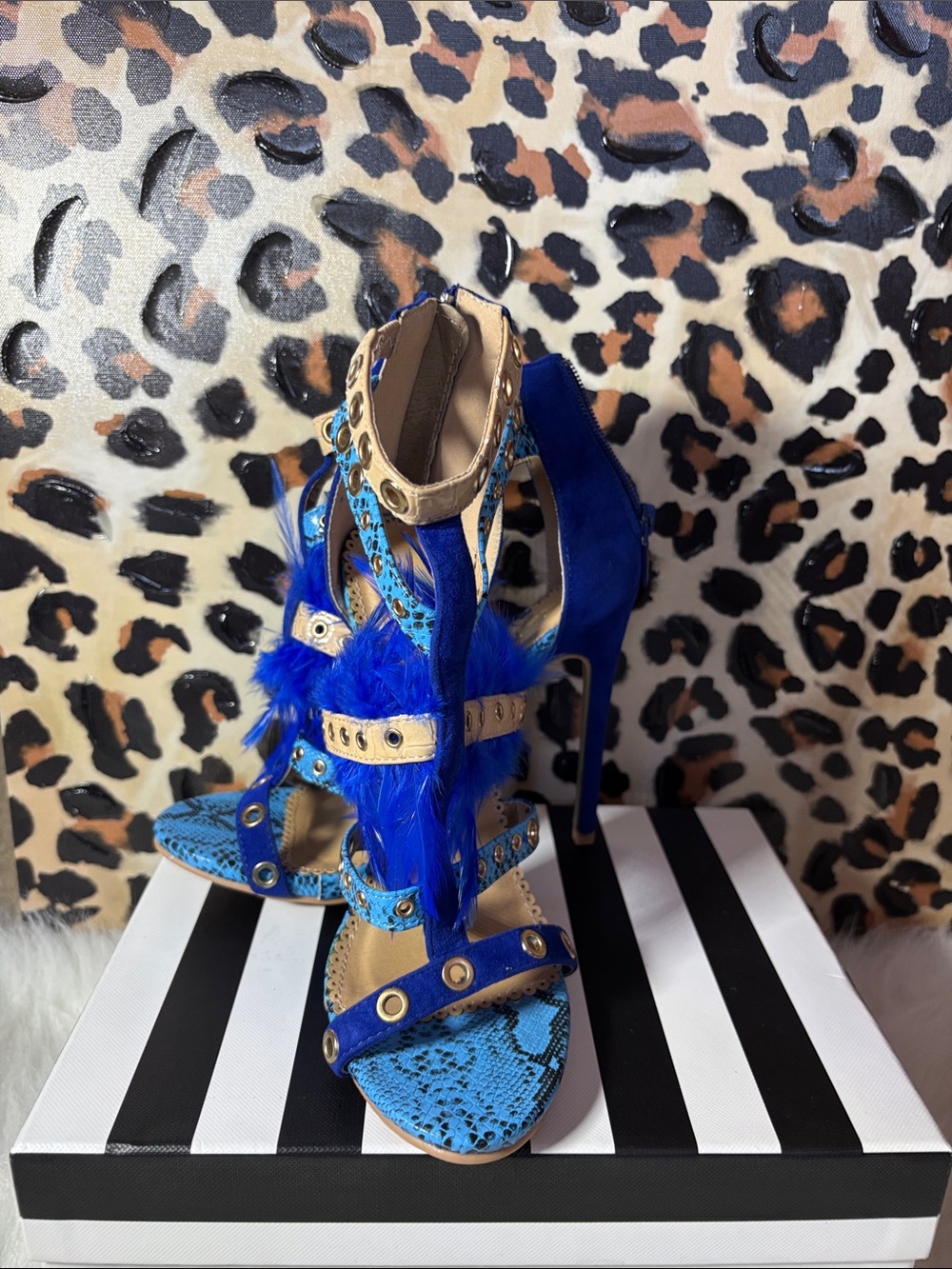 Alba Royal Blue Feather & Snake-Print High Heel Sandals